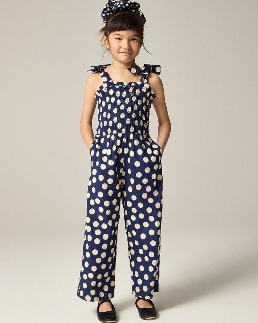 J.Crew Crewcuts Smocked Jumpsuit Girls 10 Navy White Polk Linen Blend One Piece